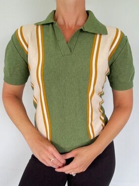 Cider moss green beige stripe collared cropped polo sweater top size large
